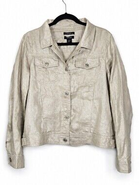 100% Linen Metallic Gold Utility Jacket European Flax Quiet Luxury Coastal Large